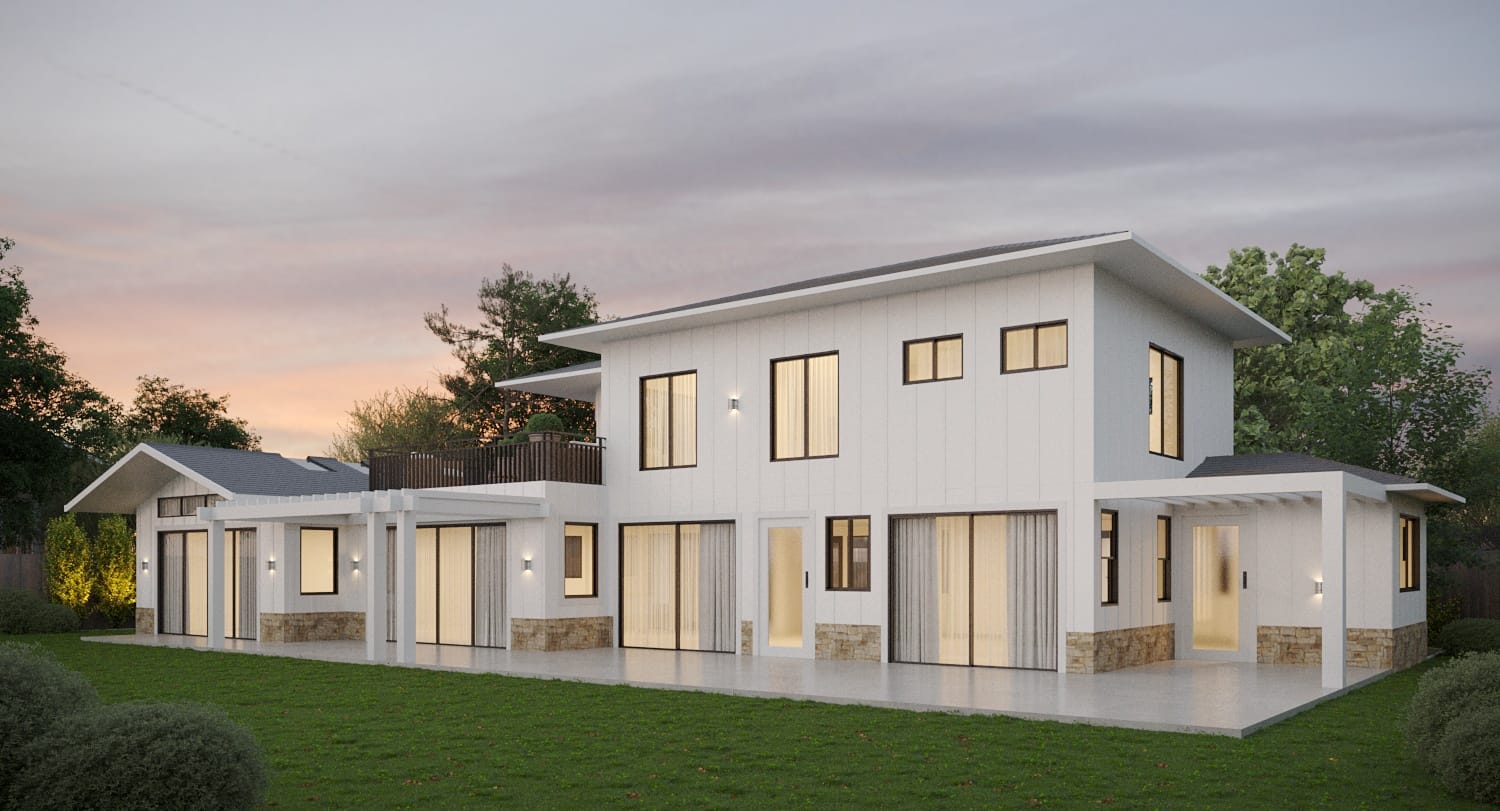 Rear elevation at dusk showing full-height sliding glazing, a covered terrace on slender columns and an upper-level balcony